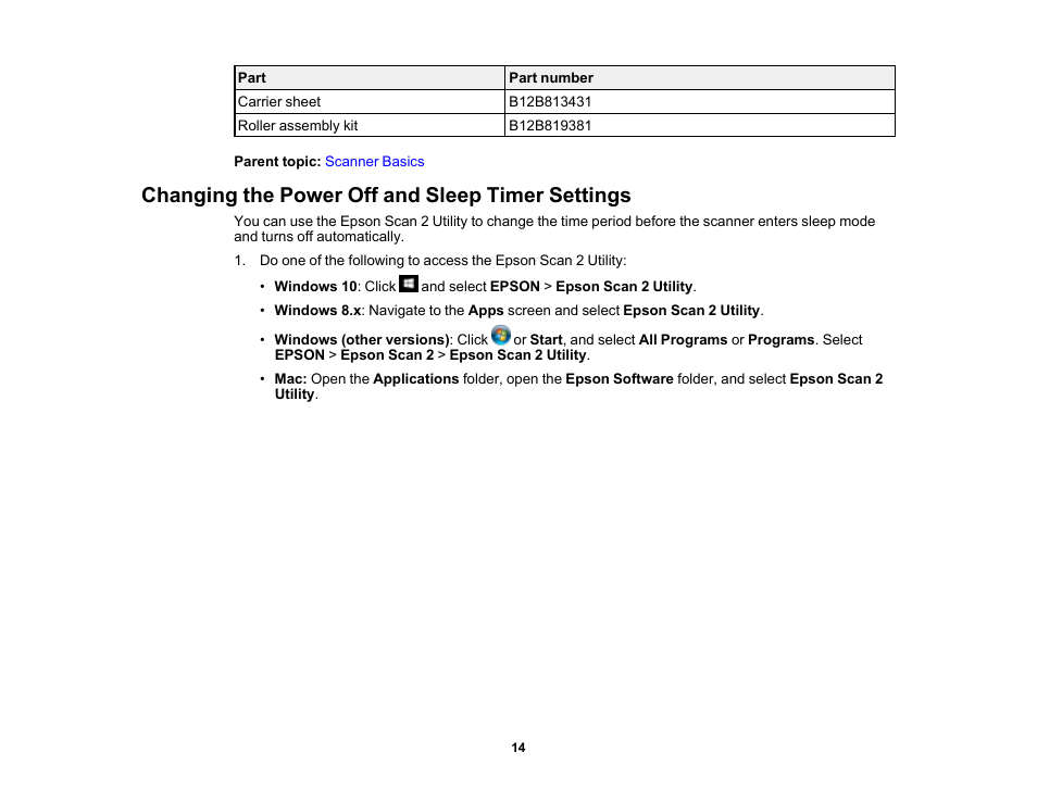 Changing the power off and sleep timer settings | Epson WorkForce DS-410 Document Scanner User Manual | Page 14 / 128