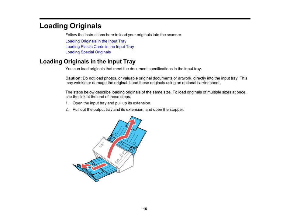 Loading originals, Loading originals in the input tray | Epson WorkForce DS-410 Document Scanner User Manual | Page 16 / 128