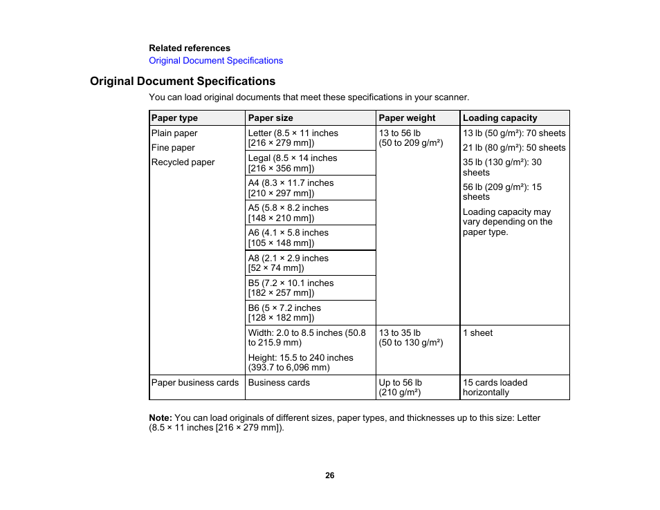 Original document specifications | Epson WorkForce DS-410 Document Scanner User Manual | Page 26 / 128