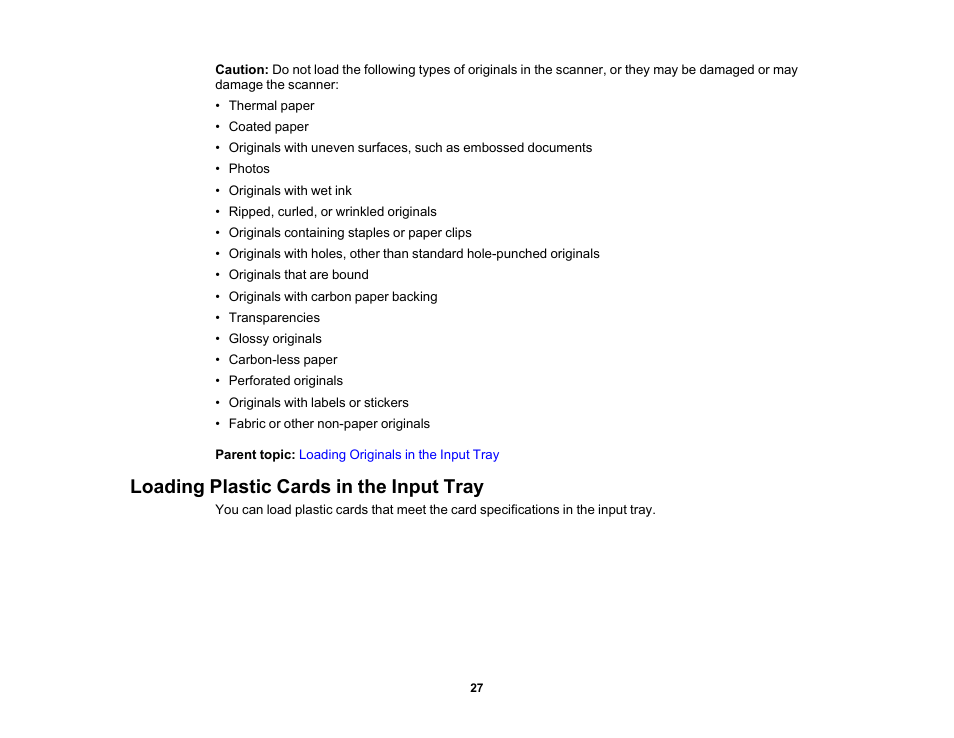 Loading plastic cards in the input tray | Epson WorkForce DS-410 Document Scanner User Manual | Page 27 / 128