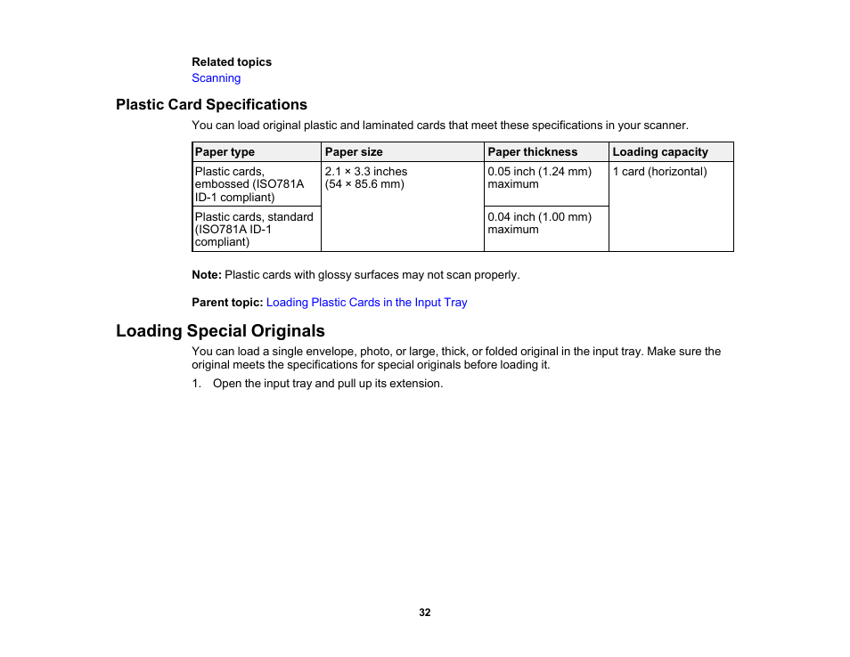 Plastic card specifications, Loading special originals | Epson WorkForce DS-410 Document Scanner User Manual | Page 32 / 128