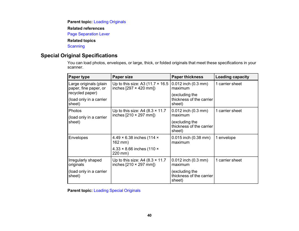 Special original specifications | Epson WorkForce DS-410 Document Scanner User Manual | Page 40 / 128