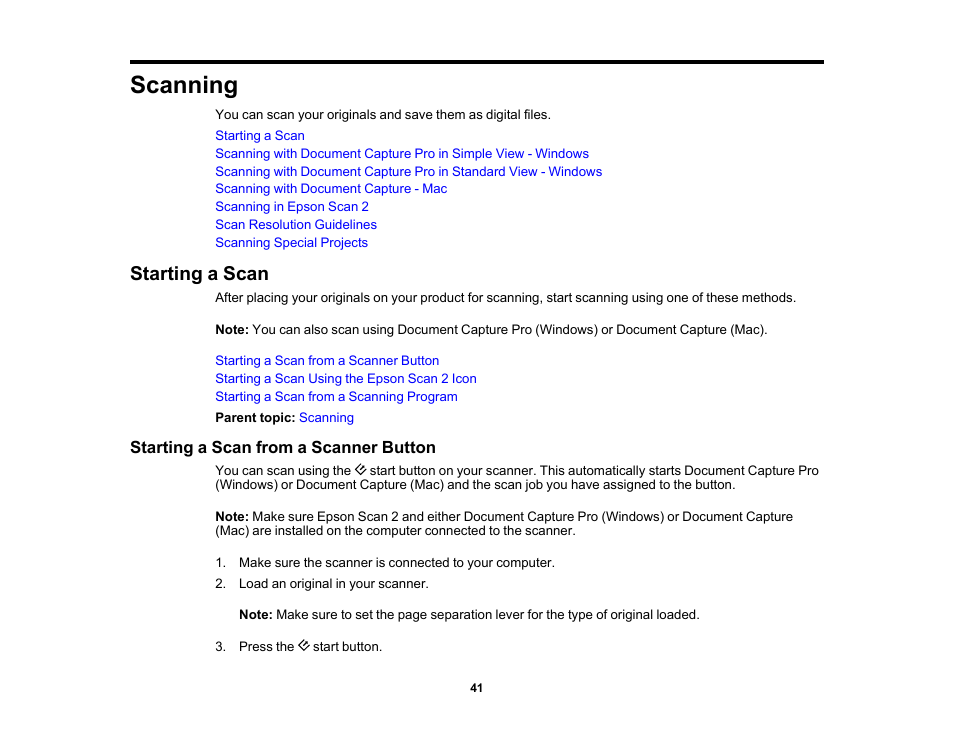 Scanning, Starting a scan, Starting a scan from a scanner button | Epson WorkForce DS-410 Document Scanner User Manual | Page 41 / 128