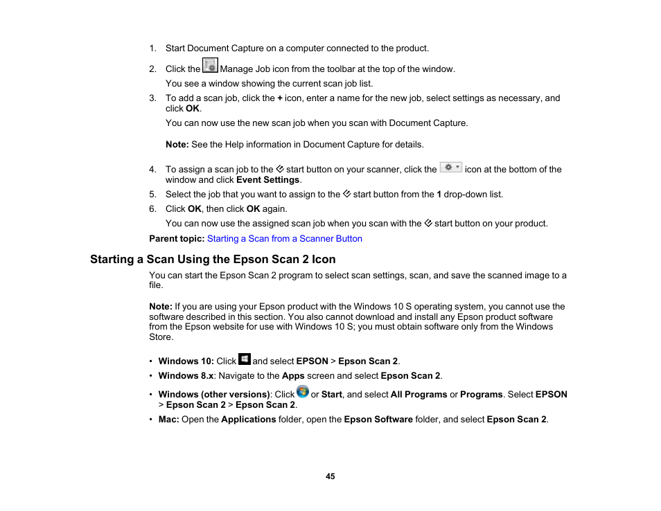 Starting a scan using the epson scan 2 icon | Epson WorkForce DS-410 Document Scanner User Manual | Page 45 / 128