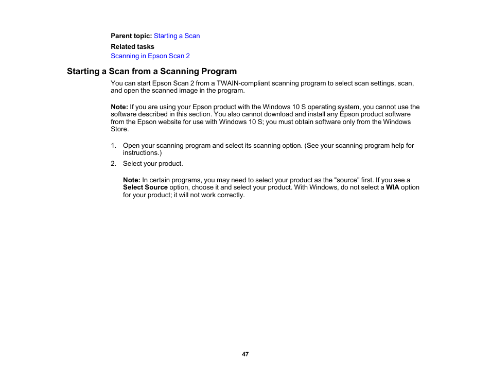 Starting a scan from a scanning program | Epson WorkForce DS-410 Document Scanner User Manual | Page 47 / 128