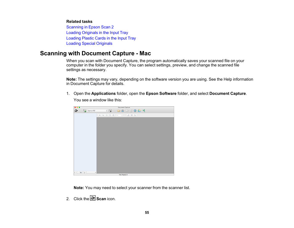 Scanning with document capture - mac | Epson WorkForce DS-410 Document Scanner User Manual | Page 55 / 128