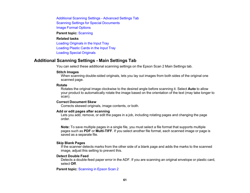 Additional scanning settings - main settings tab | Epson WorkForce DS-410 Document Scanner User Manual | Page 61 / 128