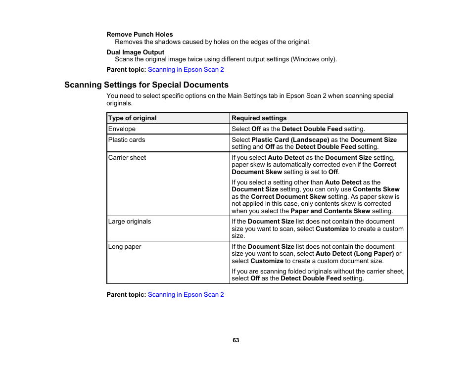 Scanning settings for special documents | Epson WorkForce DS-410 Document Scanner User Manual | Page 63 / 128