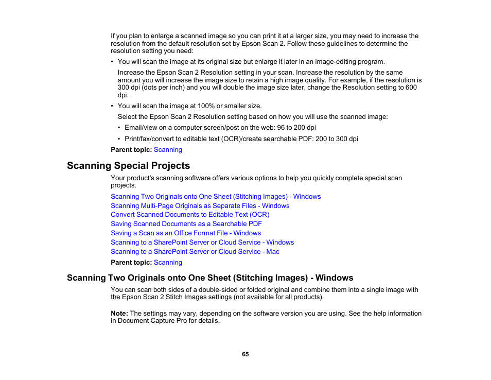 Scanning special projects | Epson WorkForce DS-410 Document Scanner User Manual | Page 65 / 128