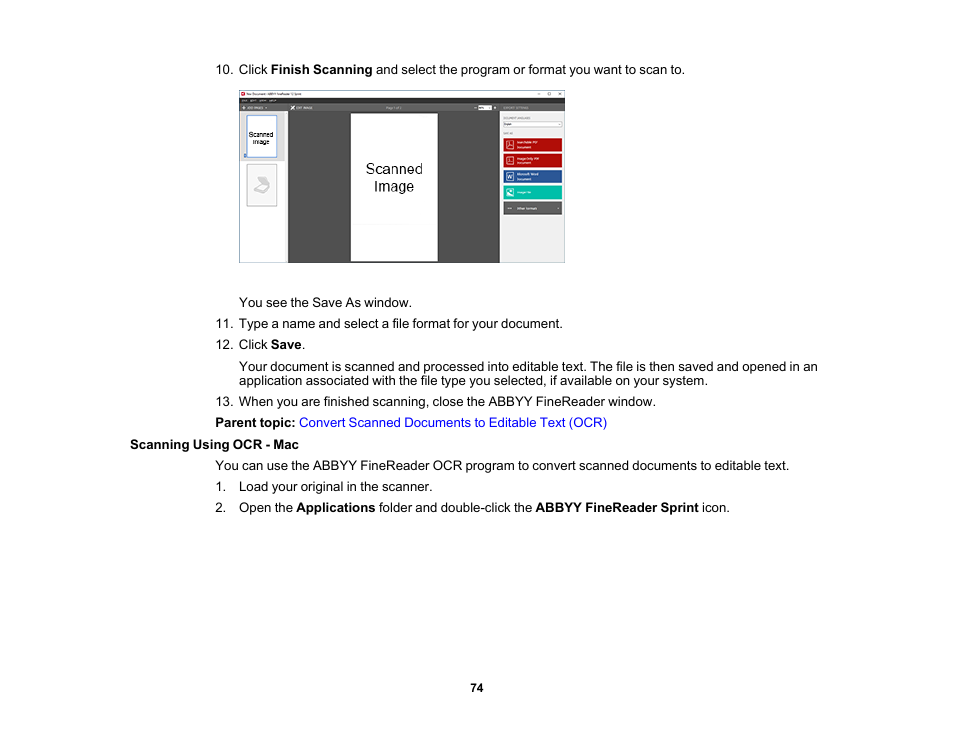 Scanning using ocr - mac | Epson WorkForce DS-410 Document Scanner User Manual | Page 74 / 128