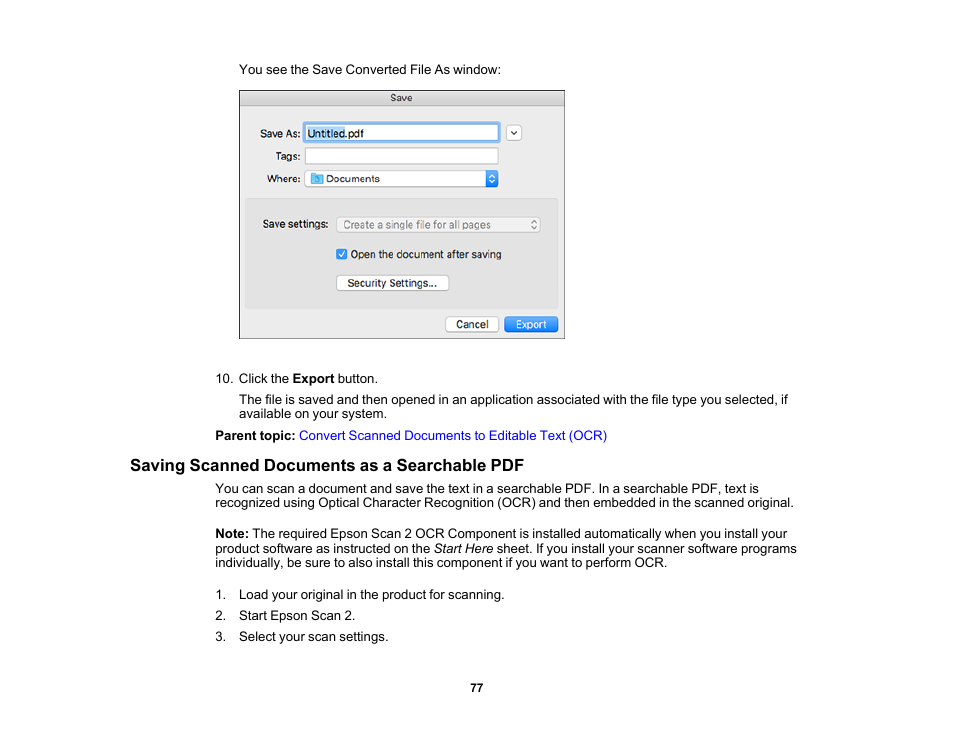 Saving scanned documents as a searchable pdf | Epson WorkForce DS-410 Document Scanner User Manual | Page 77 / 128