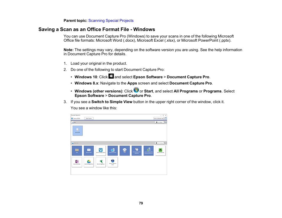 Saving a scan as an office format file - windows | Epson WorkForce DS-410 Document Scanner User Manual | Page 79 / 128