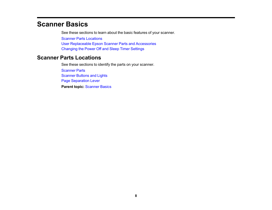 Scanner basics, Scanner parts locations | Epson WorkForce DS-410 Document Scanner User Manual | Page 8 / 128