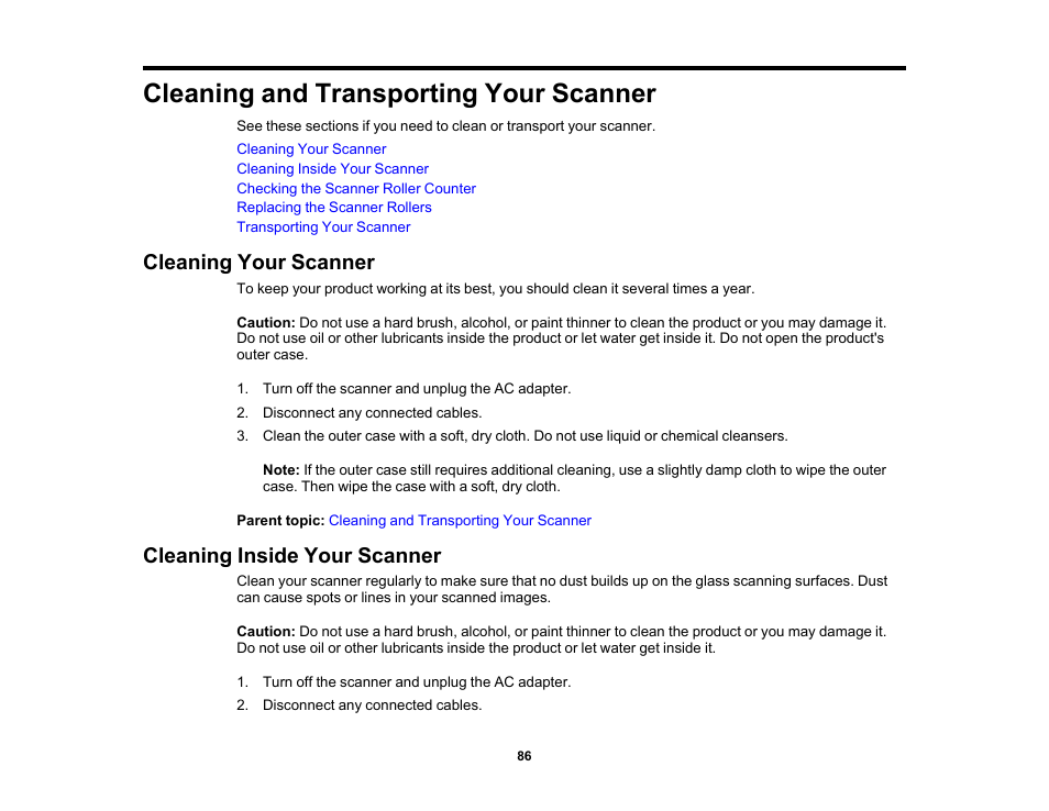 Cleaning and transporting your scanner, Cleaning your scanner, Cleaning inside your scanner | Cleaning your scanner cleaning inside your scanner | Epson WorkForce DS-410 Document Scanner User Manual | Page 86 / 128