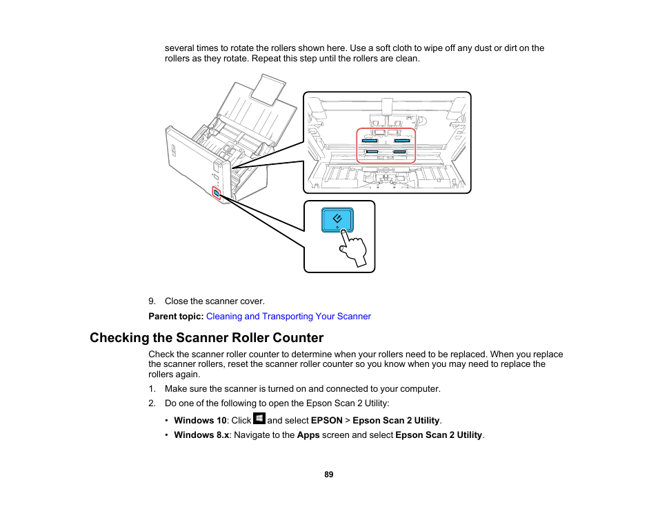 Checking the scanner roller counter | Epson WorkForce DS-410 Document Scanner User Manual | Page 89 / 128