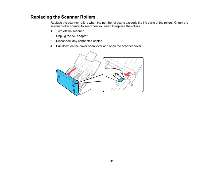 Replacing the scanner rollers | Epson WorkForce DS-410 Document Scanner User Manual | Page 91 / 128