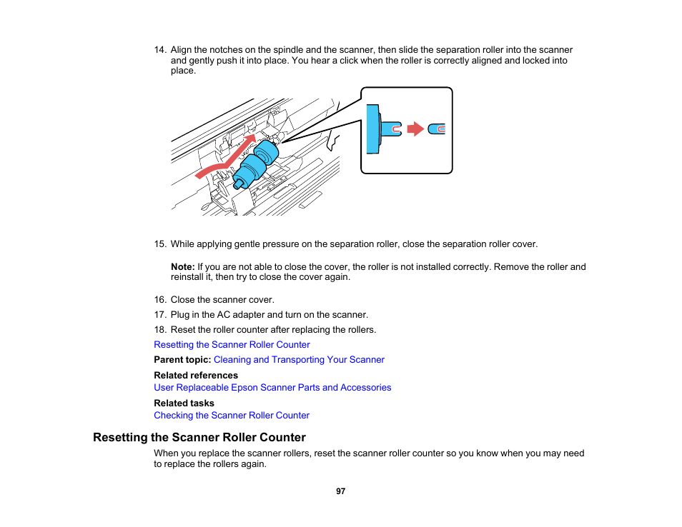 Resetting the scanner roller counter | Epson WorkForce DS-410 Document Scanner User Manual | Page 97 / 128