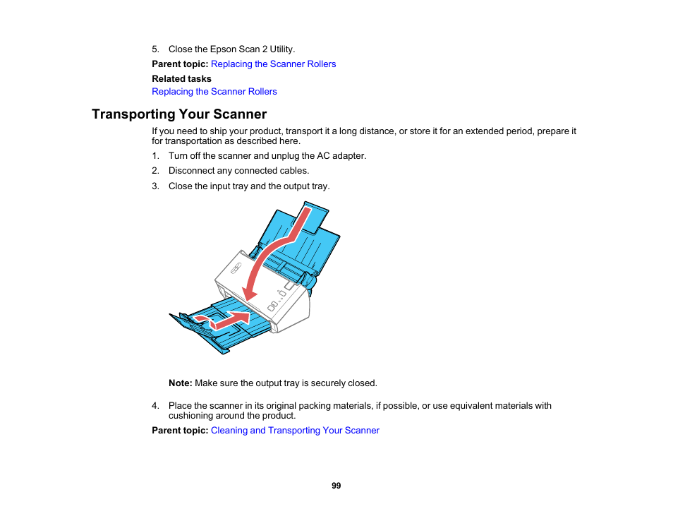 Transporting your scanner | Epson WorkForce DS-410 Document Scanner User Manual | Page 99 / 128