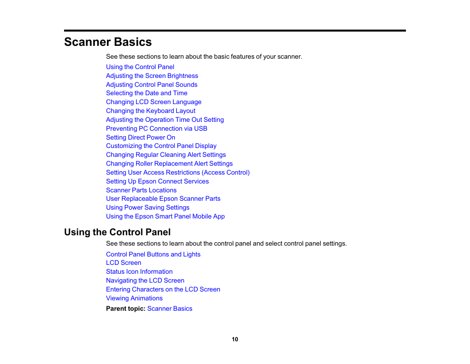 Scanner basics, Using the control panel | Epson ES-580W Wireless Duplex Document Scanner User Manual | Page 10 / 183