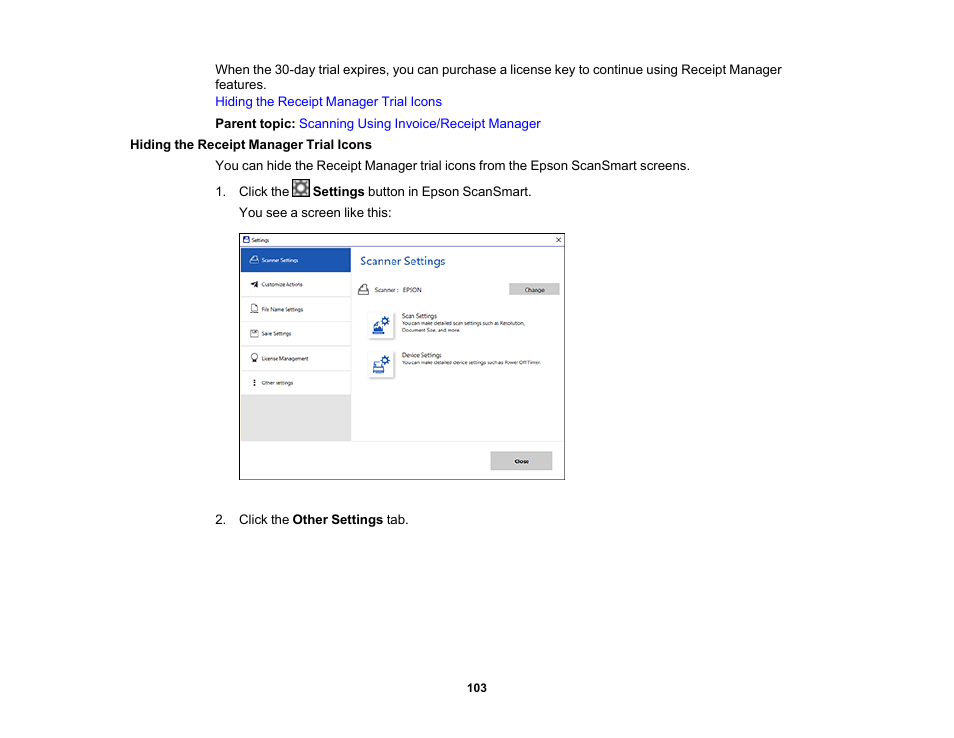 Hiding the receipt manager trial icons | Epson ES-580W Wireless Duplex Document Scanner User Manual | Page 103 / 183