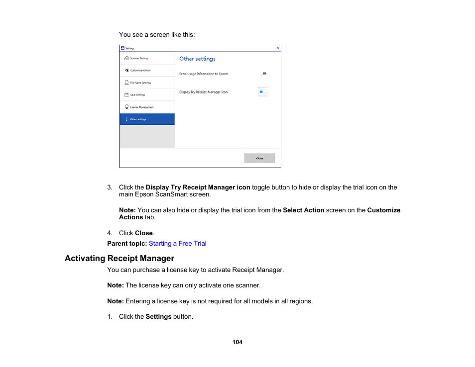 Activating receipt manager | Epson ES-580W Wireless Duplex Document Scanner User Manual | Page 104 / 183