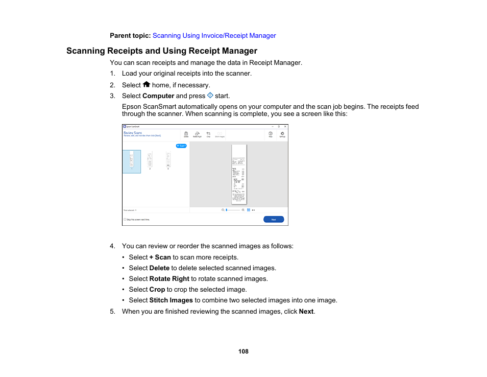 Scanning receipts and using receipt manager | Epson ES-580W Wireless Duplex Document Scanner User Manual | Page 108 / 183