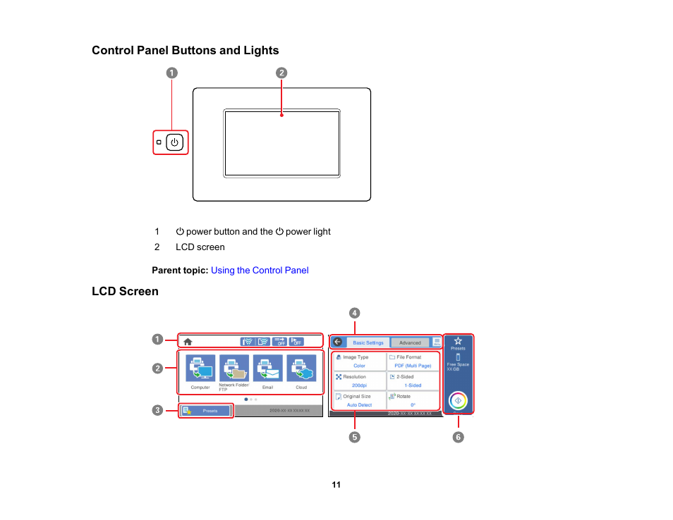 Control panel buttons and lights, Lcd screen, Control panel buttons and lights lcd screen | Epson ES-580W Wireless Duplex Document Scanner User Manual | Page 11 / 183