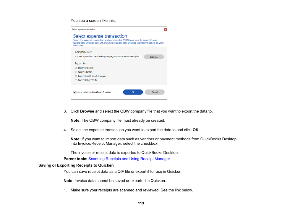 Saving or exporting receipts to quicken | Epson ES-580W Wireless Duplex Document Scanner User Manual | Page 113 / 183