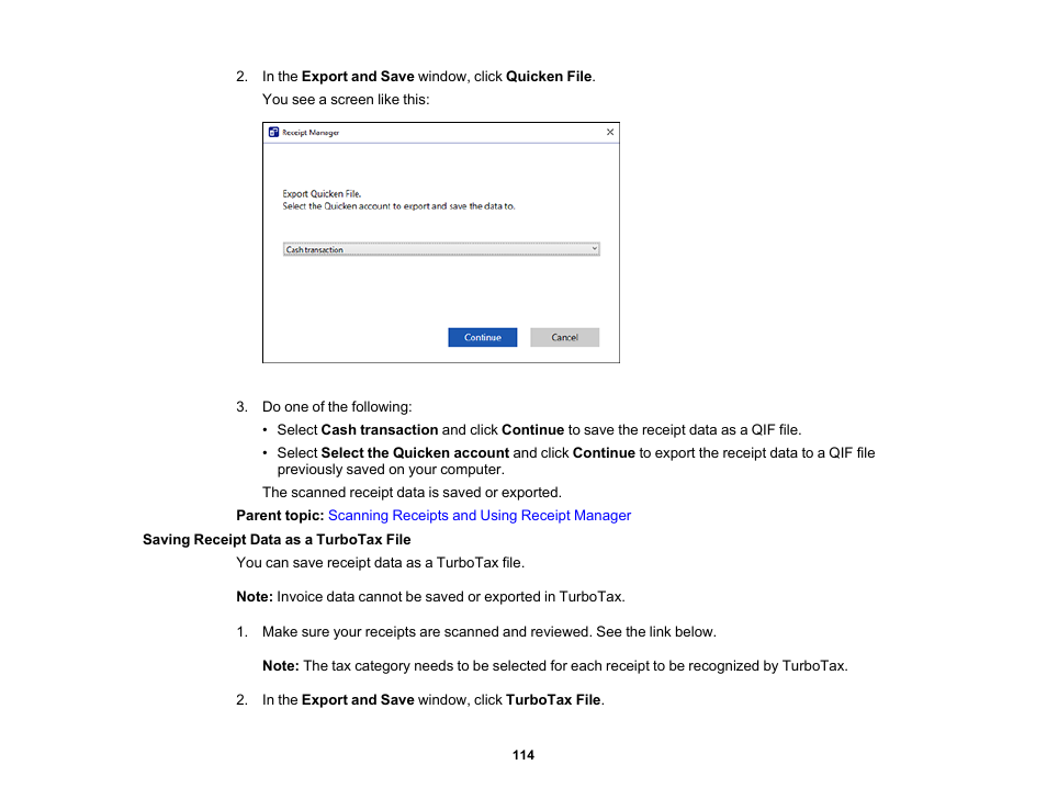 Saving receipt data as a turbotax file | Epson ES-580W Wireless Duplex Document Scanner User Manual | Page 114 / 183