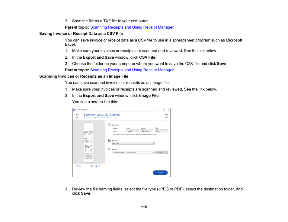 Saving invoice or receipt data as a csv file, Scanning invoices or receipts as an image file | Epson ES-580W Wireless Duplex Document Scanner User Manual | Page 115 / 183