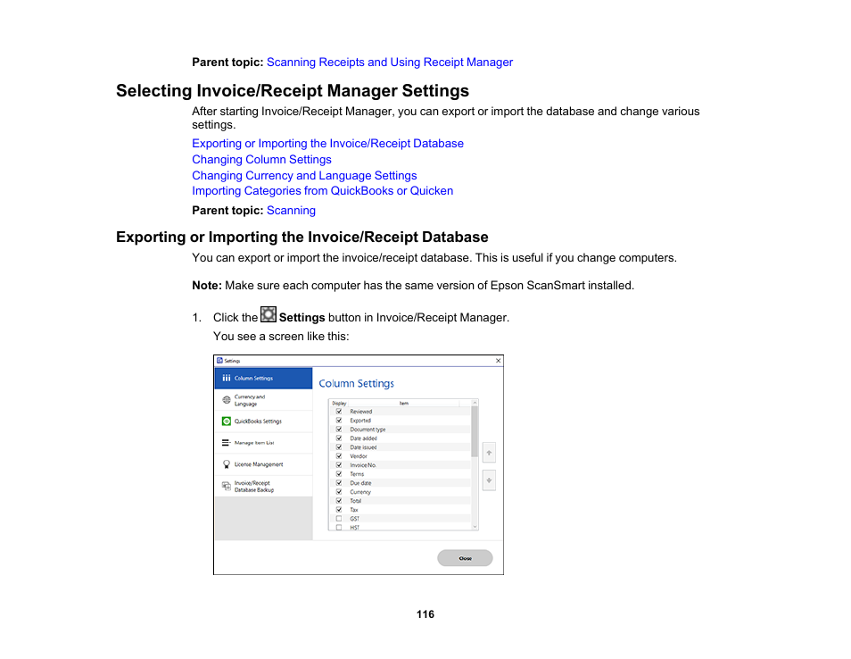 Selecting invoice/receipt manager settings | Epson ES-580W Wireless Duplex Document Scanner User Manual | Page 116 / 183