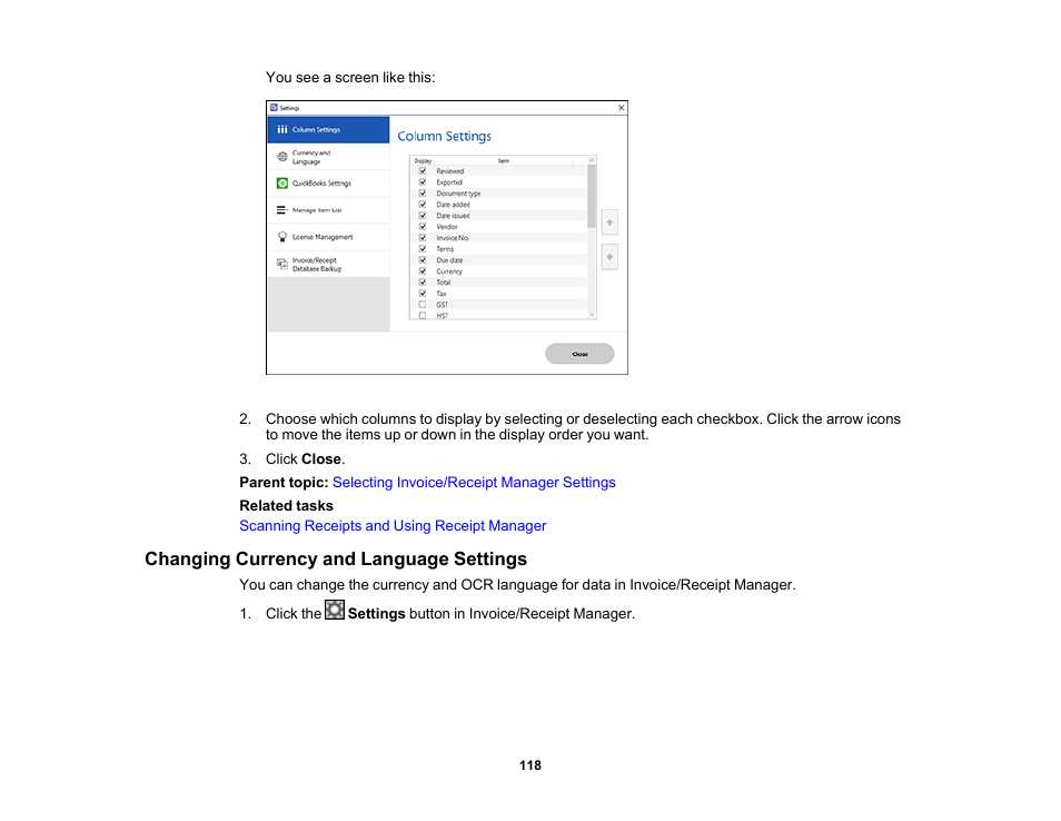 Changing currency and language settings | Epson ES-580W Wireless Duplex Document Scanner User Manual | Page 118 / 183