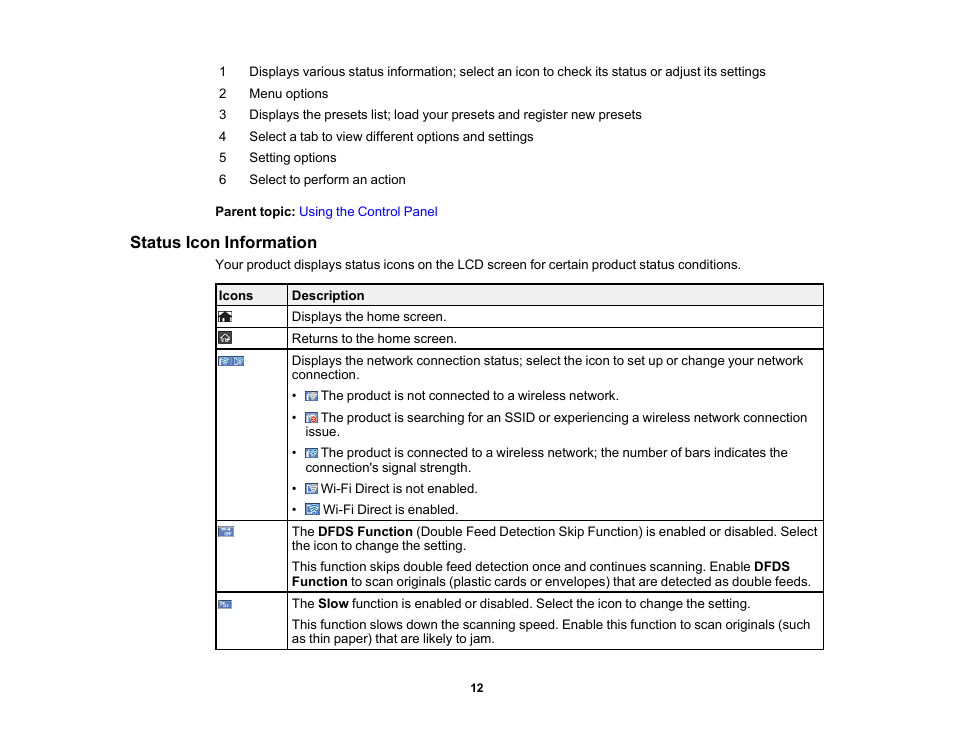 Status icon information | Epson ES-580W Wireless Duplex Document Scanner User Manual | Page 12 / 183