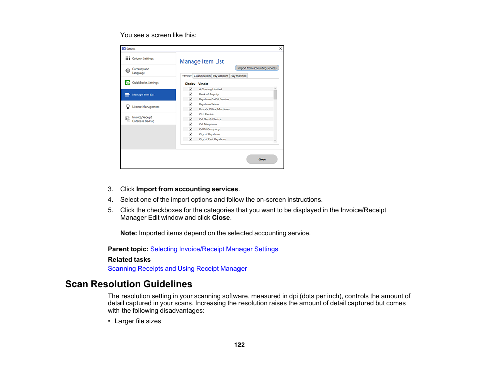 Scan resolution guidelines | Epson ES-580W Wireless Duplex Document Scanner User Manual | Page 122 / 183