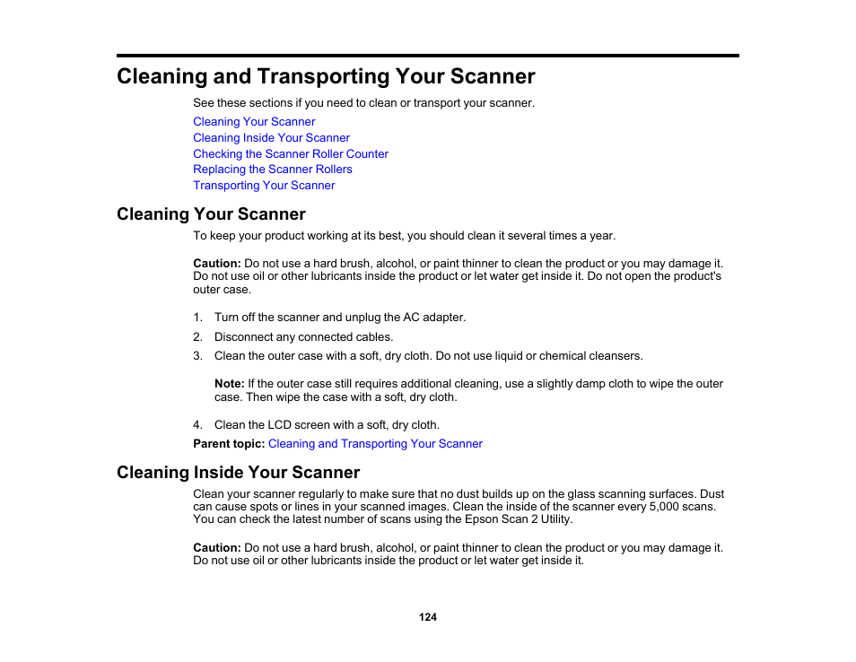 Cleaning and transporting your scanner, Cleaning your scanner, Cleaning inside your scanner | Cleaning your scanner cleaning inside your scanner | Epson ES-580W Wireless Duplex Document Scanner User Manual | Page 124 / 183