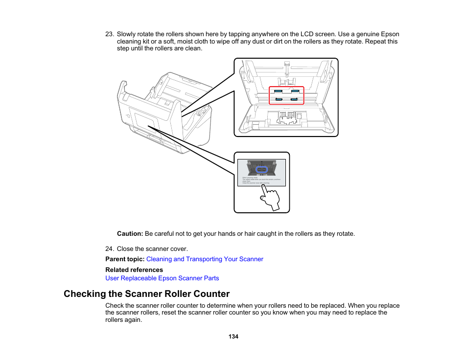 Checking the scanner roller counter | Epson ES-580W Wireless Duplex Document Scanner User Manual | Page 134 / 183