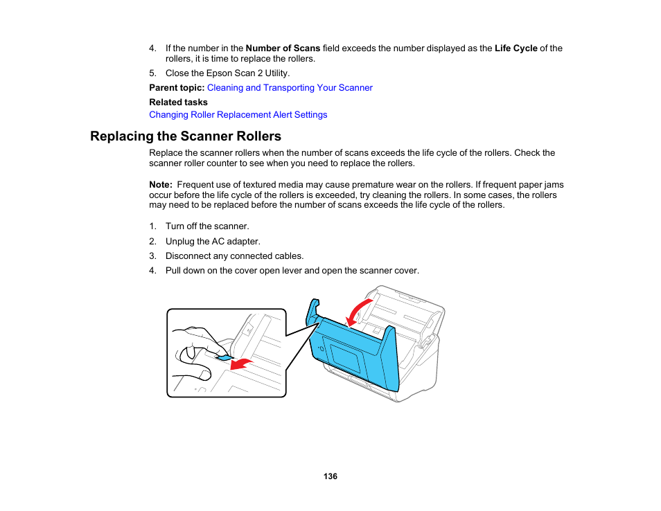 Replacing the scanner rollers | Epson ES-580W Wireless Duplex Document Scanner User Manual | Page 136 / 183