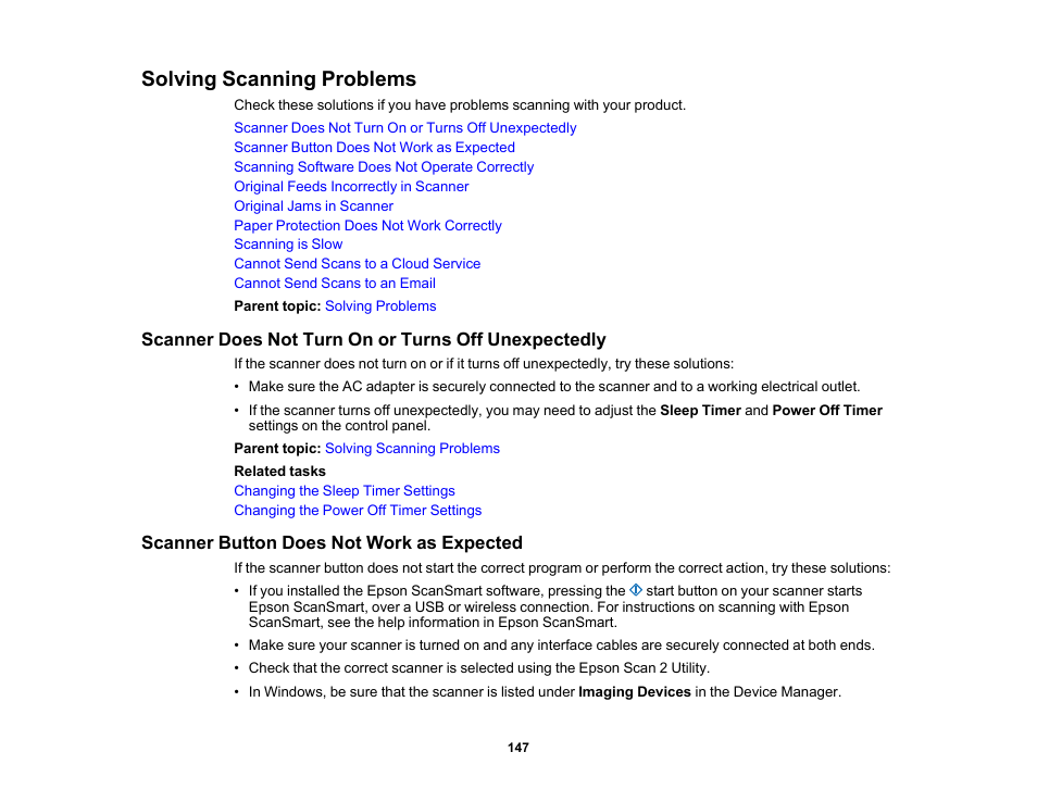 Solving scanning problems, Scanner does not turn on or turns off unexpectedly, Scanner button does not work as expected | Epson ES-580W Wireless Duplex Document Scanner User Manual | Page 147 / 183