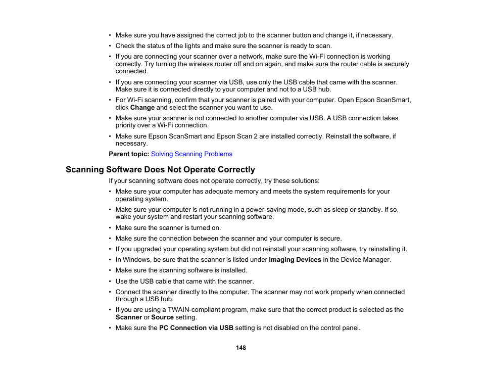 Scanning software does not operate correctly | Epson ES-580W Wireless Duplex Document Scanner User Manual | Page 148 / 183