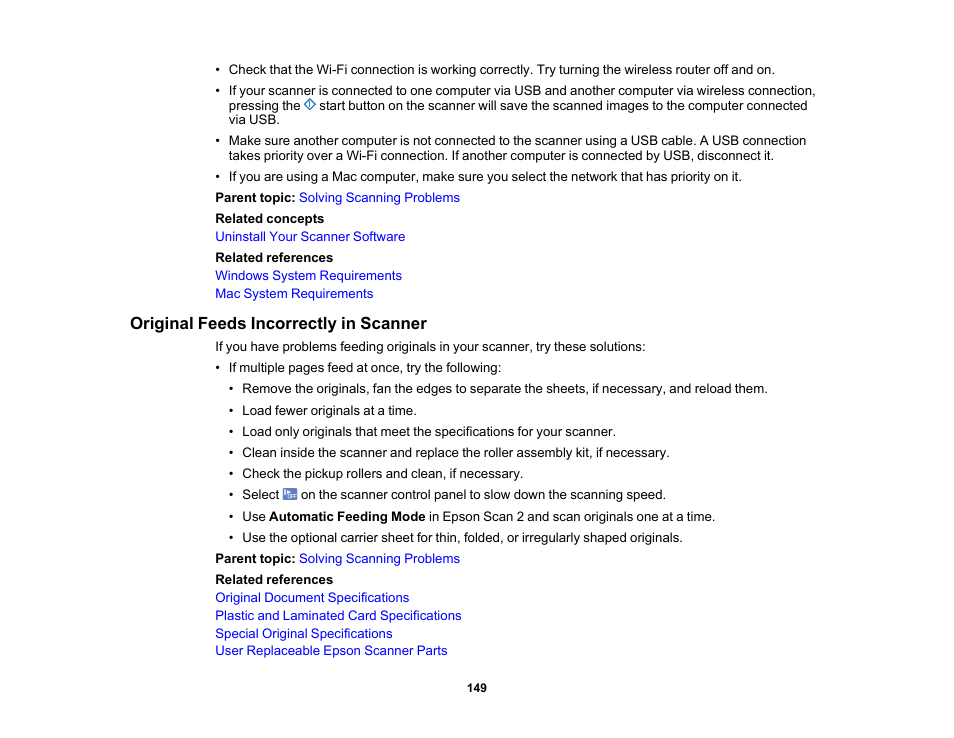 Original feeds incorrectly in scanner | Epson ES-580W Wireless Duplex Document Scanner User Manual | Page 149 / 183