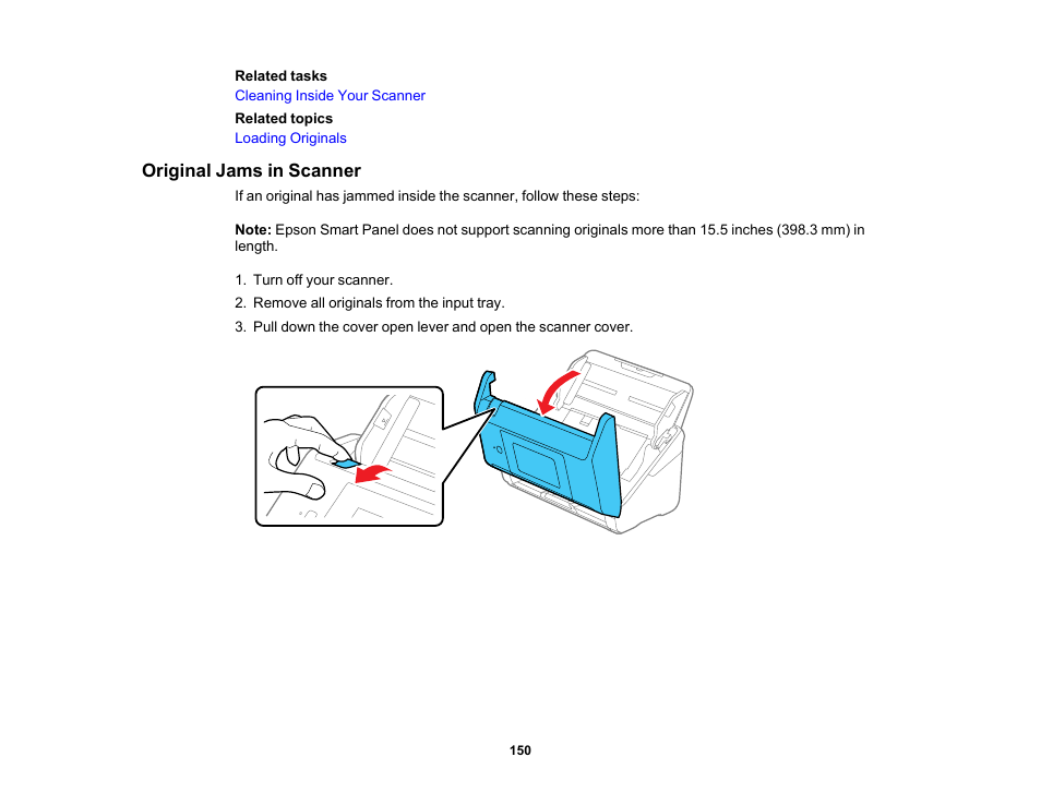 Original jams in scanner | Epson ES-580W Wireless Duplex Document Scanner User Manual | Page 150 / 183