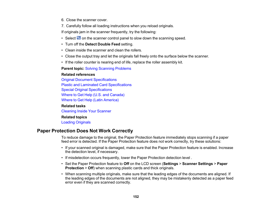 Paper protection does not work correctly | Epson ES-580W Wireless Duplex Document Scanner User Manual | Page 152 / 183