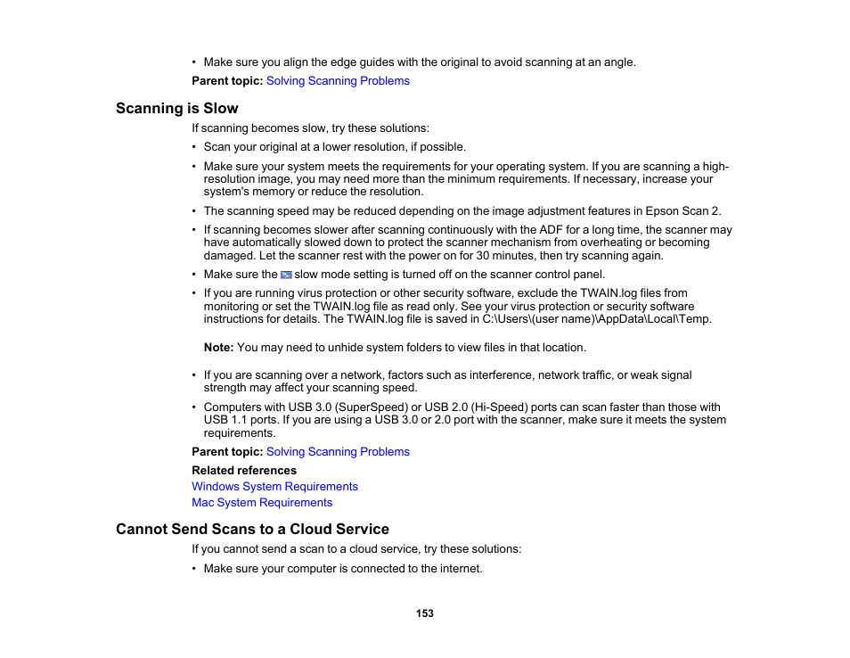 Scanning is slow, Cannot send scans to a cloud service | Epson ES-580W Wireless Duplex Document Scanner User Manual | Page 153 / 183