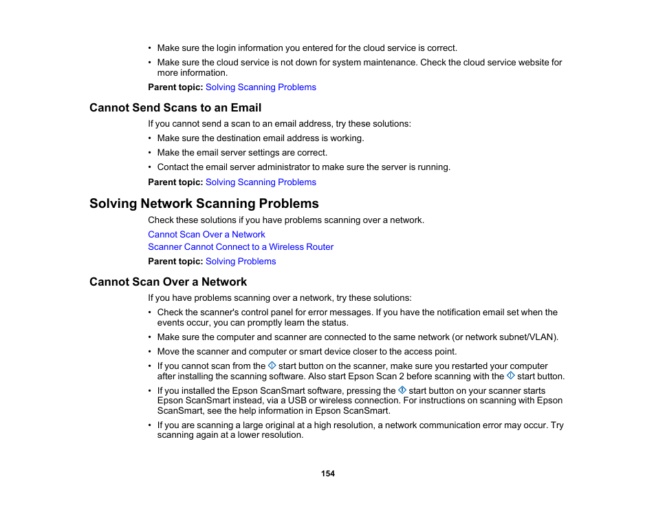 Cannot send scans to an email, Solving network scanning problems, Cannot scan over a network | Epson ES-580W Wireless Duplex Document Scanner User Manual | Page 154 / 183