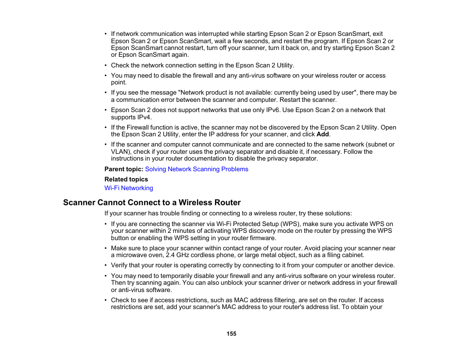 Scanner cannot connect to a wireless router | Epson ES-580W Wireless Duplex Document Scanner User Manual | Page 155 / 183