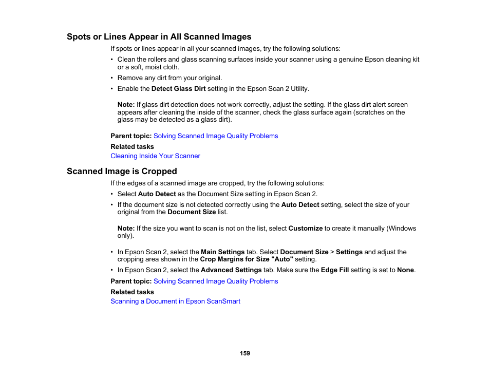 Spots or lines appear in all scanned images, Scanned image is cropped | Epson ES-580W Wireless Duplex Document Scanner User Manual | Page 159 / 183