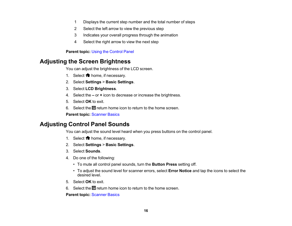 Adjusting the screen brightness, Adjusting control panel sounds | Epson ES-580W Wireless Duplex Document Scanner User Manual | Page 16 / 183