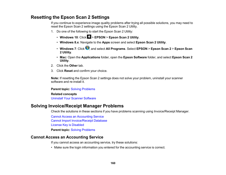 Resetting the epson scan 2 settings, Solving invoice/receipt manager problems, Cannot access an accounting service | Epson ES-580W Wireless Duplex Document Scanner User Manual | Page 160 / 183