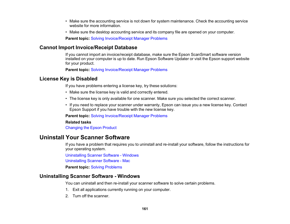 Cannot import invoice/receipt database, License key is disabled, Uninstall your scanner software | Uninstalling scanner software - windows | Epson ES-580W Wireless Duplex Document Scanner User Manual | Page 161 / 183