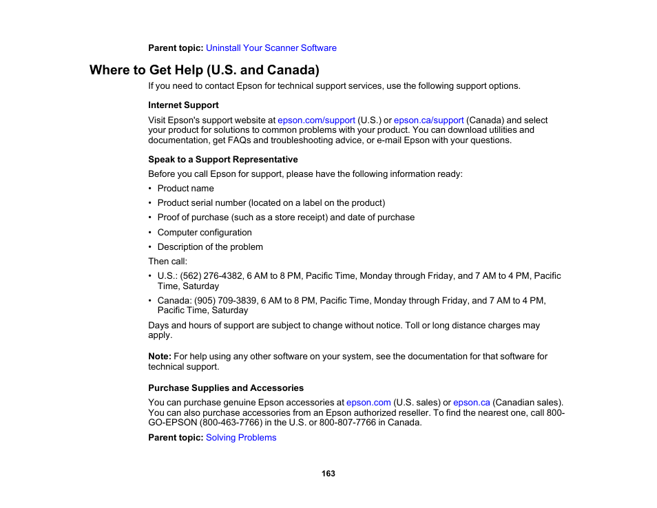 Where to get help (u.s. and canada) | Epson ES-580W Wireless Duplex Document Scanner User Manual | Page 163 / 183